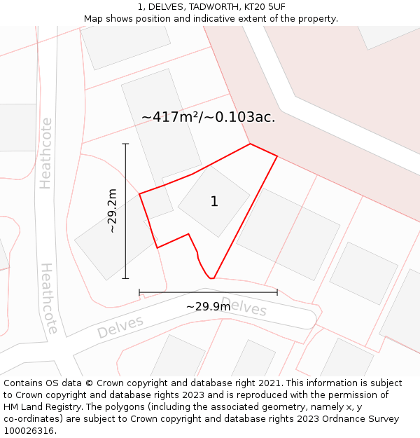1, DELVES, TADWORTH, KT20 5UF: Plot and title map