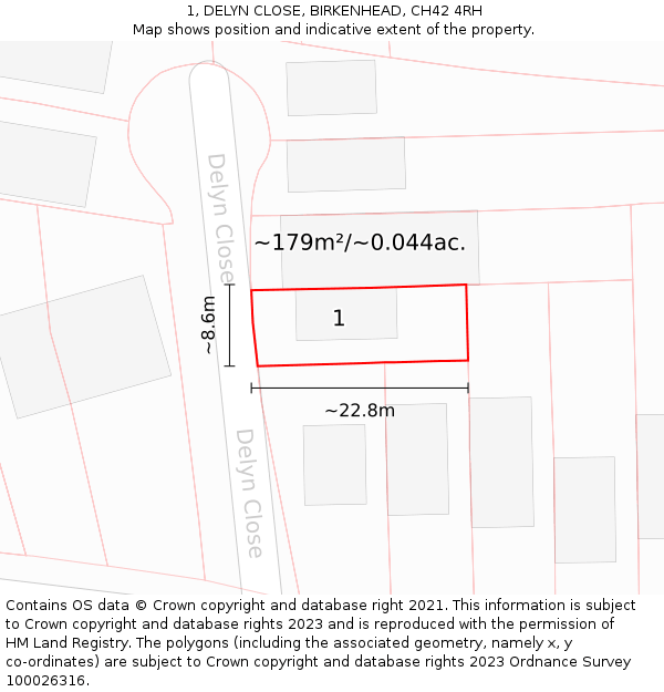 1, DELYN CLOSE, BIRKENHEAD, CH42 4RH: Plot and title map