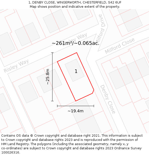 1, DENBY CLOSE, WINGERWORTH, CHESTERFIELD, S42 6UF: Plot and title map