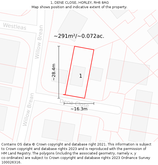 1, DENE CLOSE, HORLEY, RH6 8AG: Plot and title map