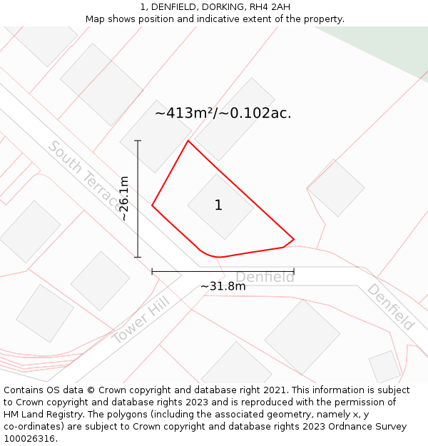 1, DENFIELD, DORKING, RH4 2AH: Plot and title map
