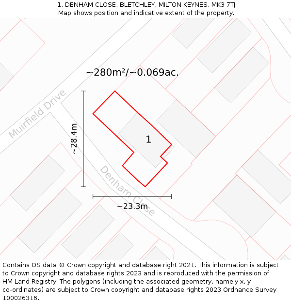 1, DENHAM CLOSE, BLETCHLEY, MILTON KEYNES, MK3 7TJ: Plot and title map