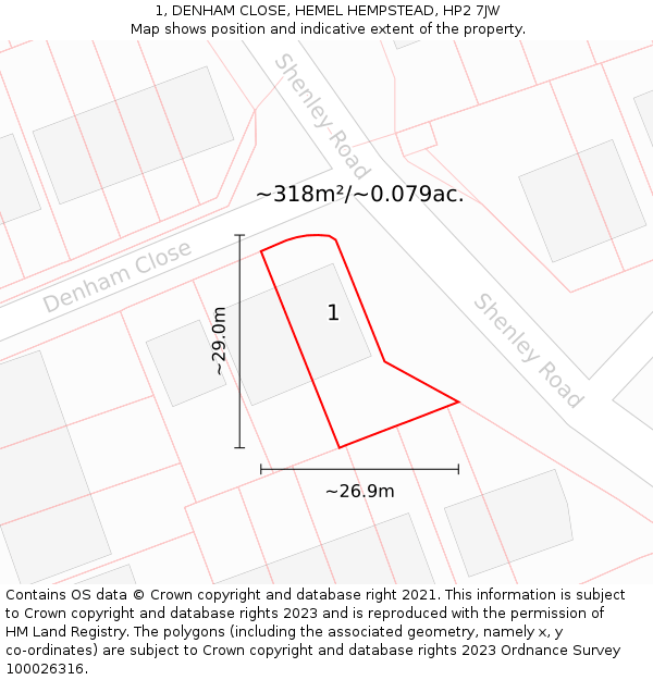 1, DENHAM CLOSE, HEMEL HEMPSTEAD, HP2 7JW: Plot and title map