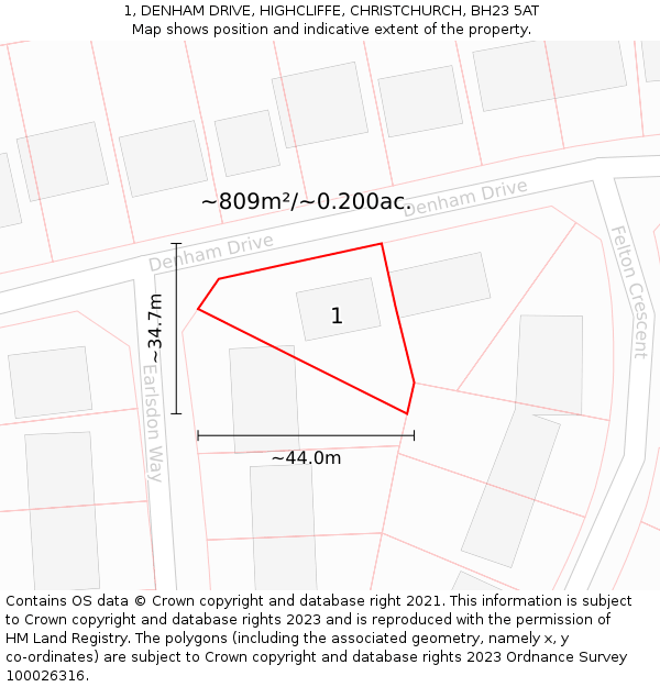 1, DENHAM DRIVE, HIGHCLIFFE, CHRISTCHURCH, BH23 5AT: Plot and title map