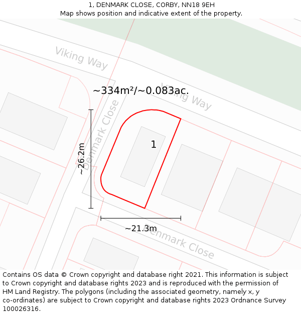 1, DENMARK CLOSE, CORBY, NN18 9EH: Plot and title map
