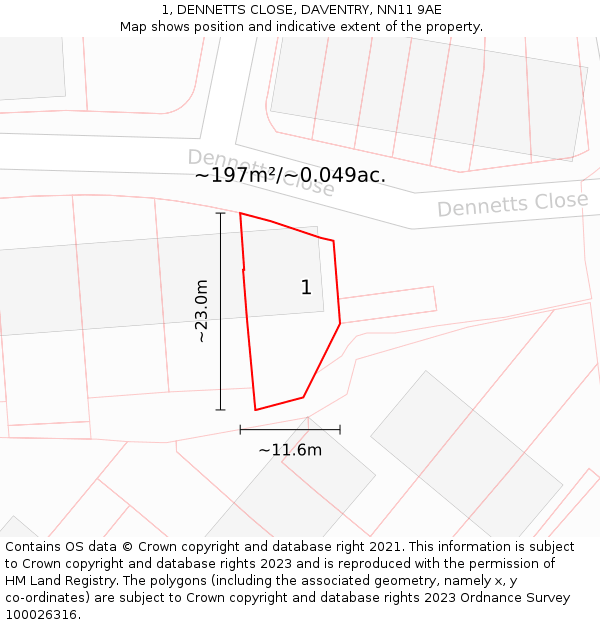 1, DENNETTS CLOSE, DAVENTRY, NN11 9AE: Plot and title map