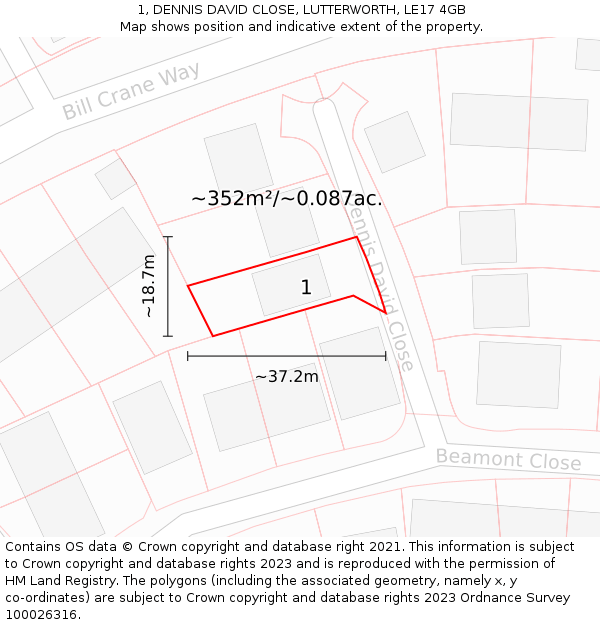 1, DENNIS DAVID CLOSE, LUTTERWORTH, LE17 4GB: Plot and title map
