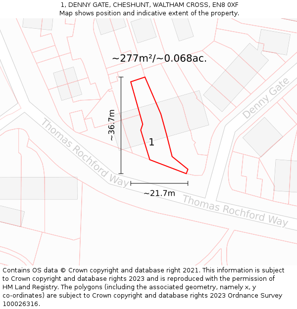 1, DENNY GATE, CHESHUNT, WALTHAM CROSS, EN8 0XF: Plot and title map