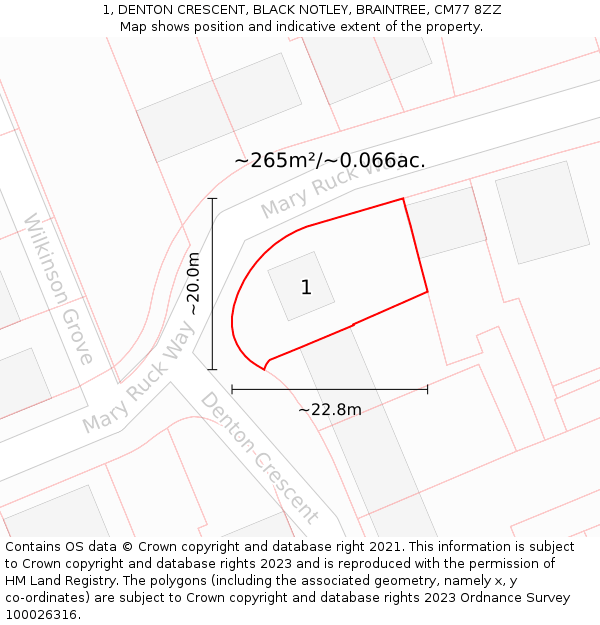 1, DENTON CRESCENT, BLACK NOTLEY, BRAINTREE, CM77 8ZZ: Plot and title map