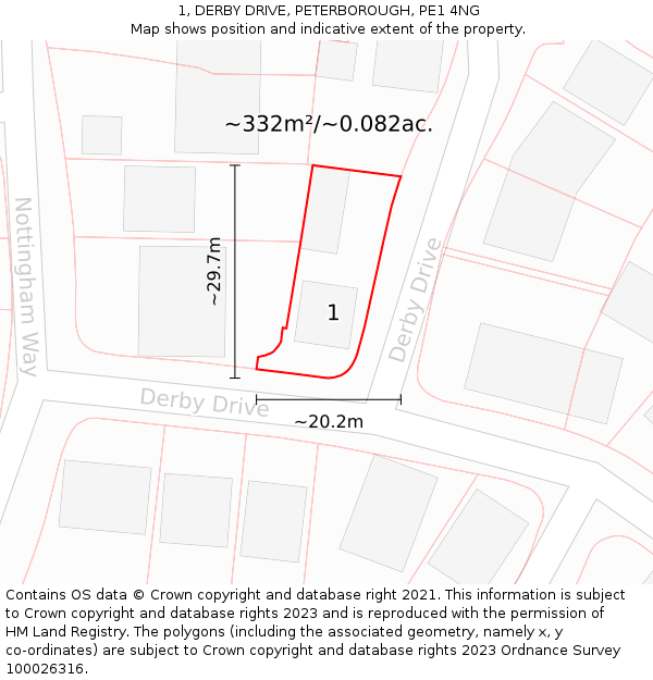 1, DERBY DRIVE, PETERBOROUGH, PE1 4NG: Plot and title map