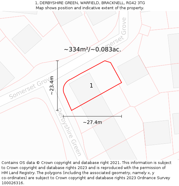 1, DERBYSHIRE GREEN, WARFIELD, BRACKNELL, RG42 3TG: Plot and title map