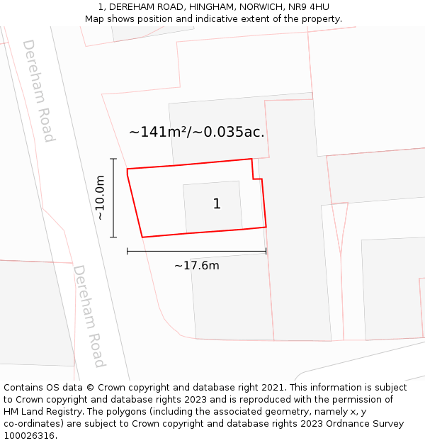 1, DEREHAM ROAD, HINGHAM, NORWICH, NR9 4HU: Plot and title map