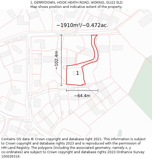 1, DERRYDOWN, HOOK HEATH ROAD, WOKING, GU22 0LD: Plot and title map
