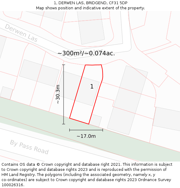 1, DERWEN LAS, BRIDGEND, CF31 5DP: Plot and title map