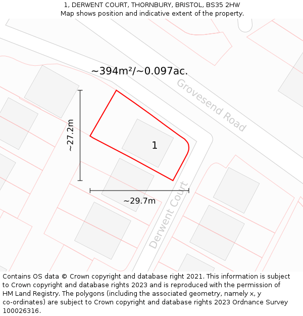 1, DERWENT COURT, THORNBURY, BRISTOL, BS35 2HW: Plot and title map