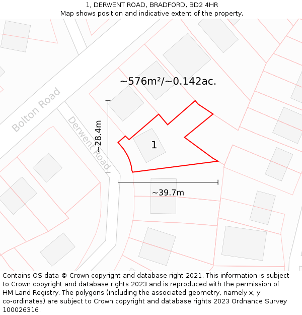 1, DERWENT ROAD, BRADFORD, BD2 4HR: Plot and title map