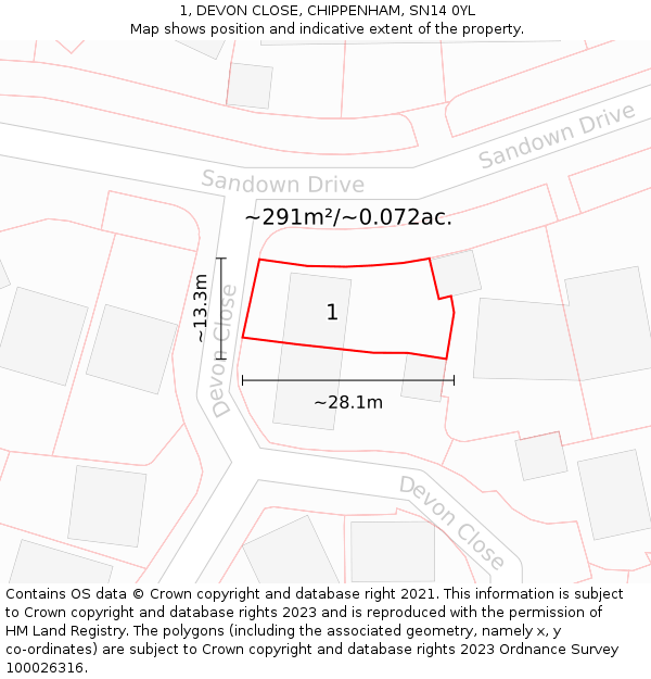 1, DEVON CLOSE, CHIPPENHAM, SN14 0YL: Plot and title map