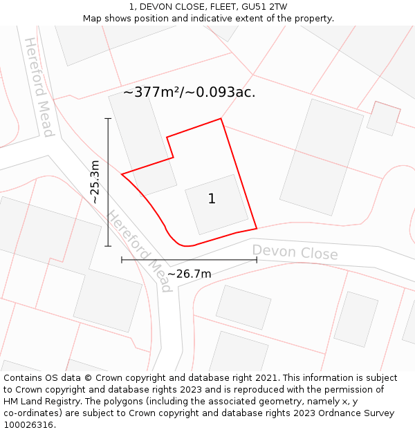 1, DEVON CLOSE, FLEET, GU51 2TW: Plot and title map