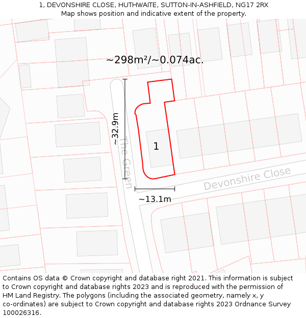 1, DEVONSHIRE CLOSE, HUTHWAITE, SUTTON-IN-ASHFIELD, NG17 2RX: Plot and title map