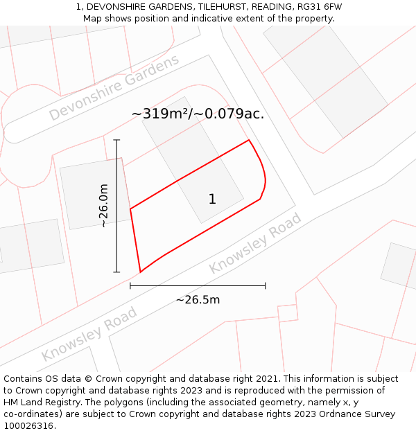1, DEVONSHIRE GARDENS, TILEHURST, READING, RG31 6FW: Plot and title map