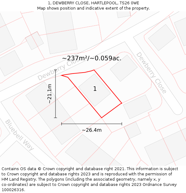 1, DEWBERRY CLOSE, HARTLEPOOL, TS26 0WE: Plot and title map