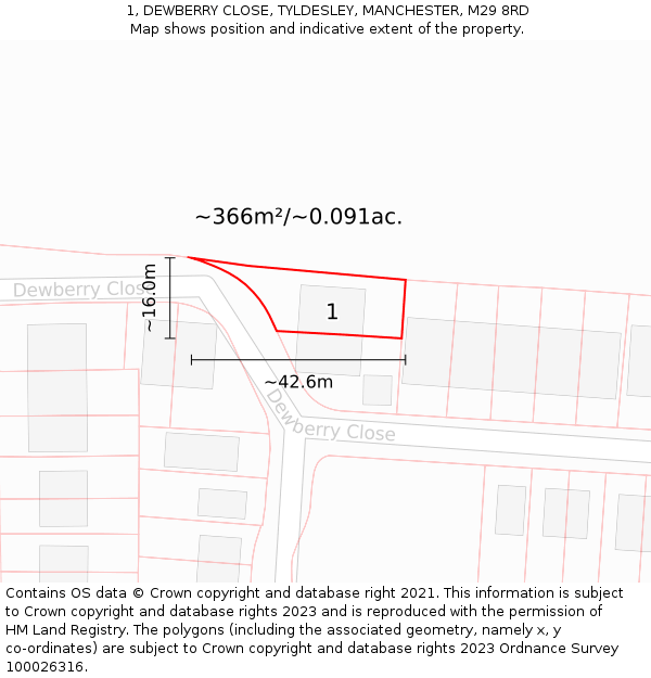 1, DEWBERRY CLOSE, TYLDESLEY, MANCHESTER, M29 8RD: Plot and title map