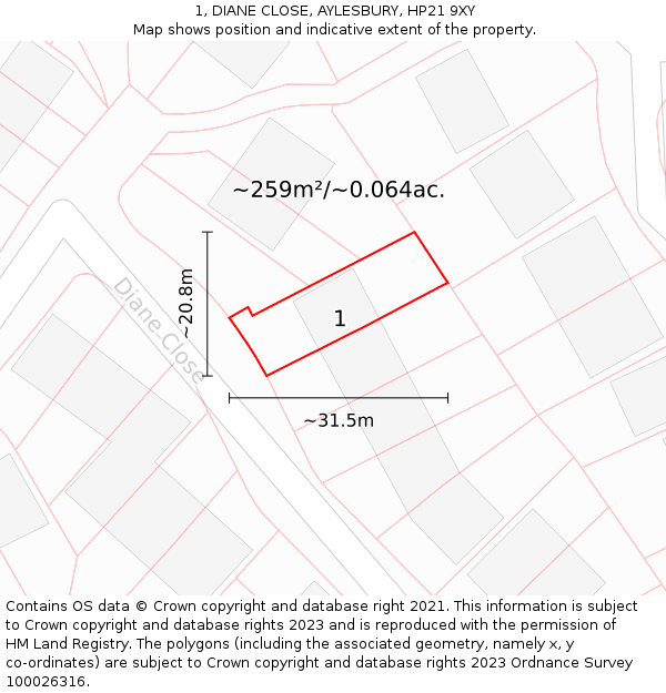 1, DIANE CLOSE, AYLESBURY, HP21 9XY: Plot and title map