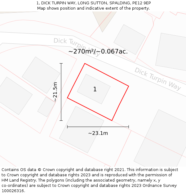 1, DICK TURPIN WAY, LONG SUTTON, SPALDING, PE12 9EP: Plot and title map