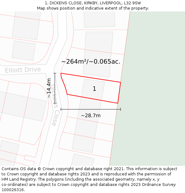 1, DICKENS CLOSE, KIRKBY, LIVERPOOL, L32 9SW: Plot and title map