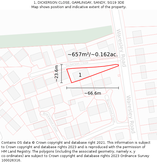 1, DICKERSON CLOSE, GAMLINGAY, SANDY, SG19 3DE: Plot and title map