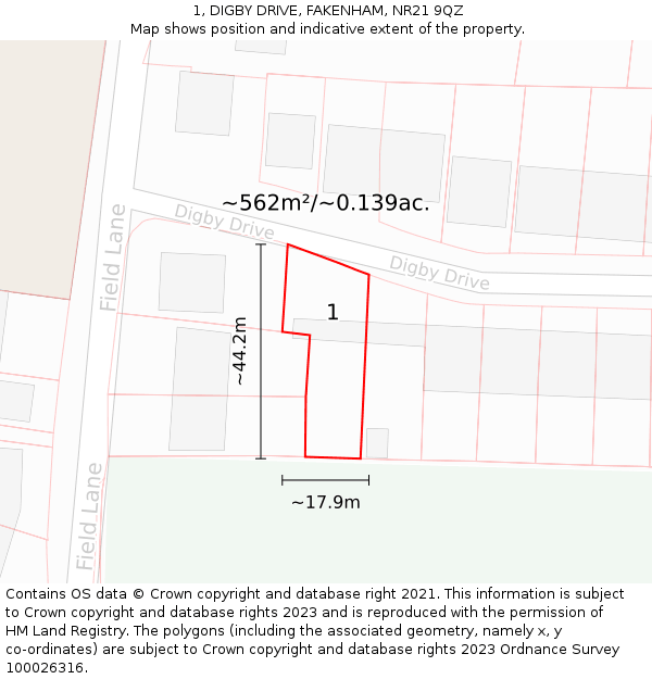 1, DIGBY DRIVE, FAKENHAM, NR21 9QZ: Plot and title map