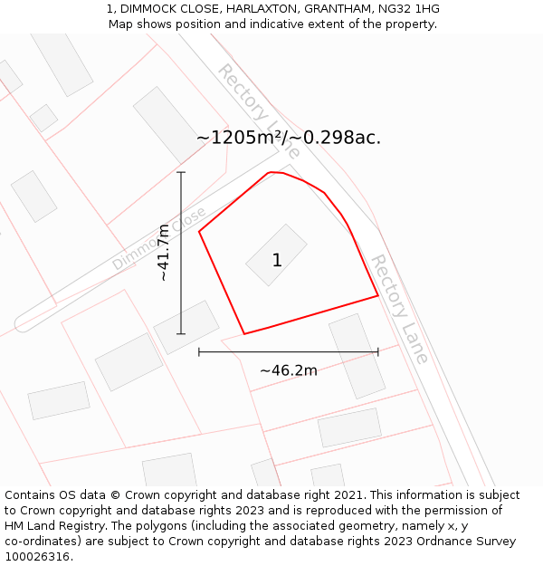1, DIMMOCK CLOSE, HARLAXTON, GRANTHAM, NG32 1HG: Plot and title map