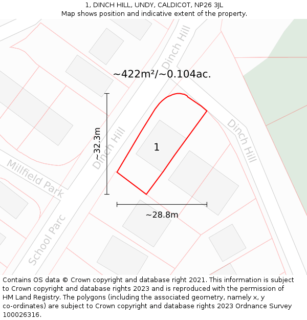 1, DINCH HILL, UNDY, CALDICOT, NP26 3JL: Plot and title map