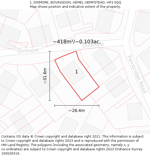 1, DINMORE, BOVINGDON, HEMEL HEMPSTEAD, HP3 0QQ: Plot and title map