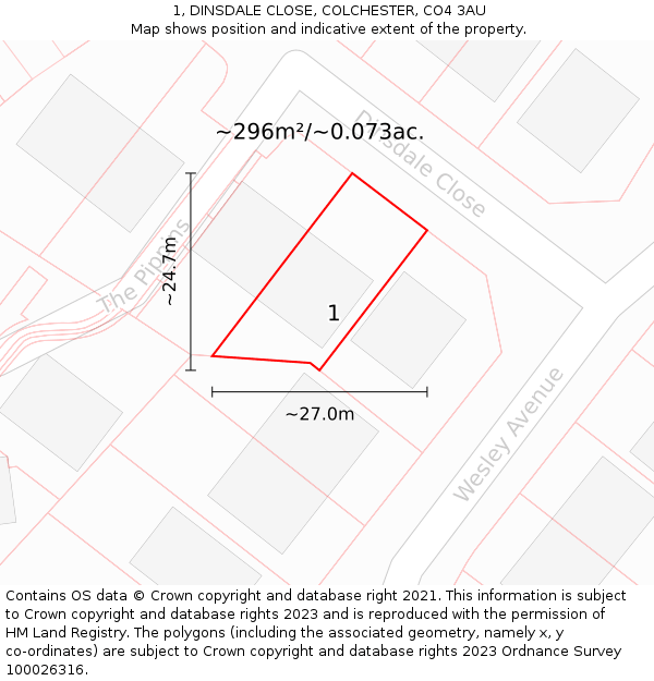 1, DINSDALE CLOSE, COLCHESTER, CO4 3AU: Plot and title map