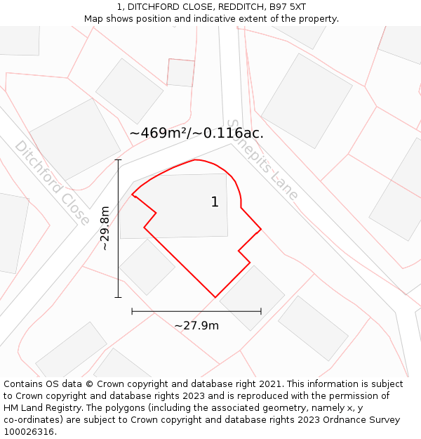 1, DITCHFORD CLOSE, REDDITCH, B97 5XT: Plot and title map
