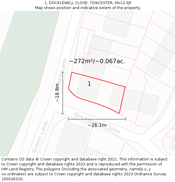 1, DOCKLEWELL CLOSE, TOWCESTER, NN12 6JF: Plot and title map