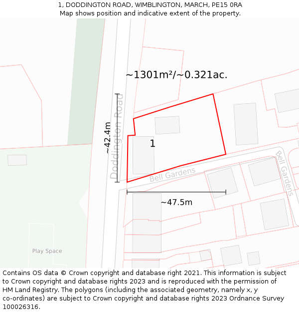 1, DODDINGTON ROAD, WIMBLINGTON, MARCH, PE15 0RA: Plot and title map