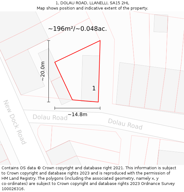 1, DOLAU ROAD, LLANELLI, SA15 2HL: Plot and title map