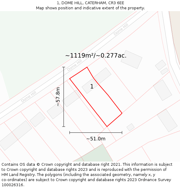1, DOME HILL, CATERHAM, CR3 6EE: Plot and title map