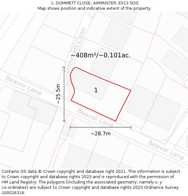 1, DOMMETT CLOSE, AXMINSTER, EX13 5DG: Plot and title map