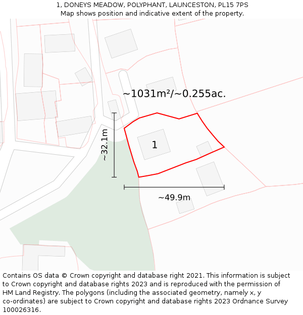 1, DONEYS MEADOW, POLYPHANT, LAUNCESTON, PL15 7PS: Plot and title map
