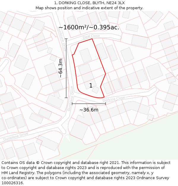 1, DORKING CLOSE, BLYTH, NE24 3LX: Plot and title map