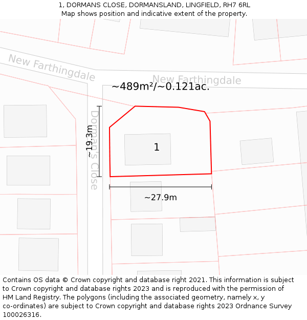 1, DORMANS CLOSE, DORMANSLAND, LINGFIELD, RH7 6RL: Plot and title map