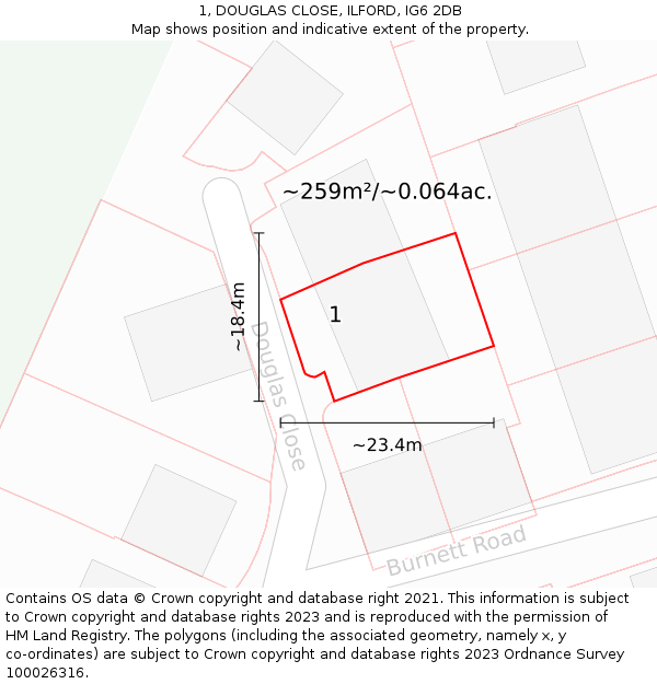 1, DOUGLAS CLOSE, ILFORD, IG6 2DB: Plot and title map