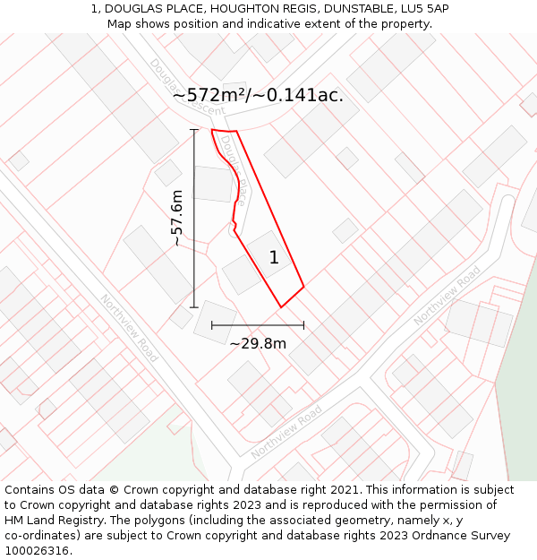 1, DOUGLAS PLACE, HOUGHTON REGIS, DUNSTABLE, LU5 5AP: Plot and title map