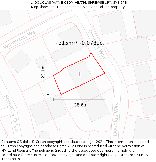 1, DOUGLAS WAY, BICTON HEATH, SHREWSBURY, SY3 5PB: Plot and title map