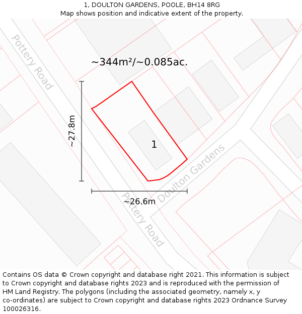 1, DOULTON GARDENS, POOLE, BH14 8RG: Plot and title map