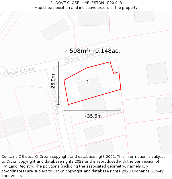 1, DOVE CLOSE, HARLESTON, IP20 9LR: Plot and title map