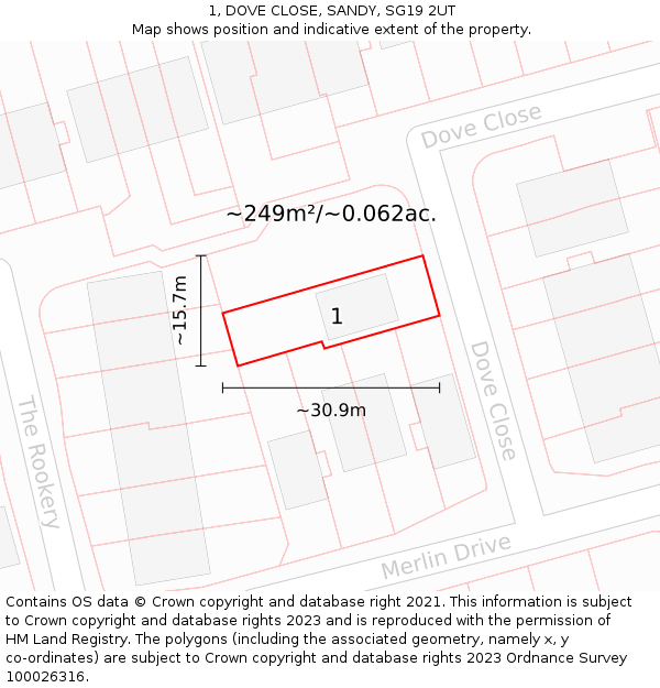 1, DOVE CLOSE, SANDY, SG19 2UT: Plot and title map